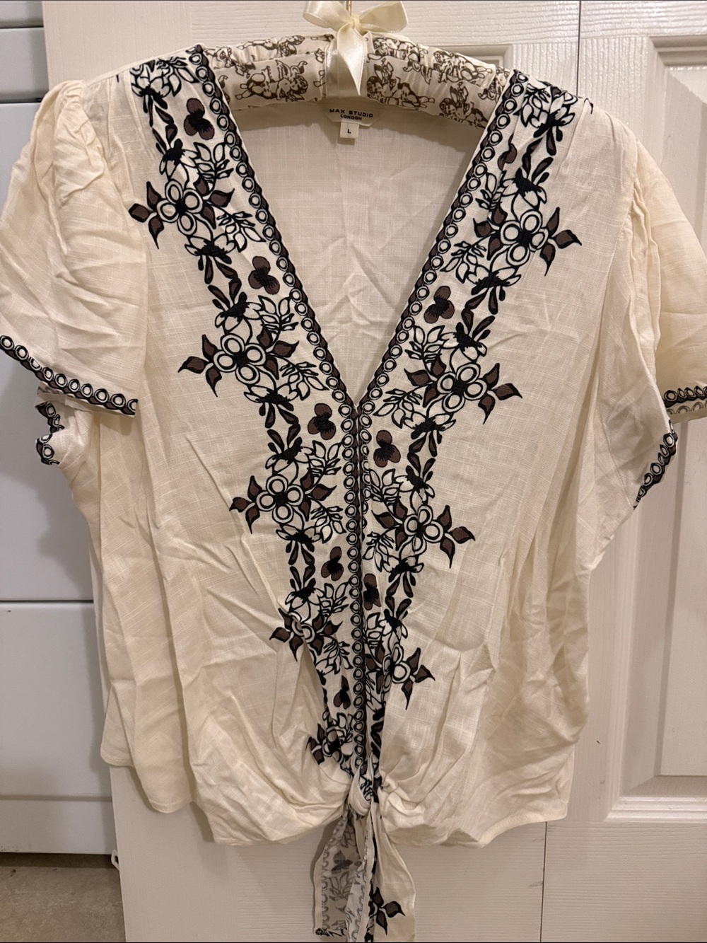 Max Studio Cream Tie-Front V-Neck Blouse with Black Floral Embroidery